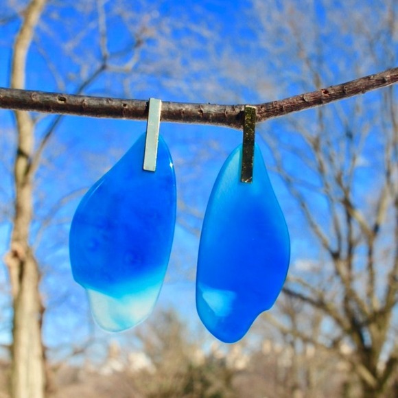 18K Gold Blue Ocean Drop Dangle Teardrop Earrings - Picture 5 of 7